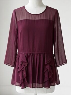 Theory|Wine Lightweight 100% Silk Sheer Ruffle Peplum 3/4 Sleeve Top Blouse Sz S